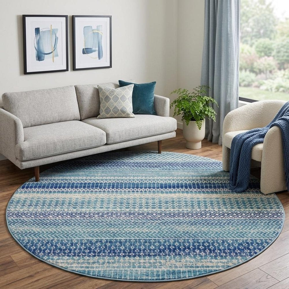 8' Navy Blue Round Floral Power Loom Area Rug