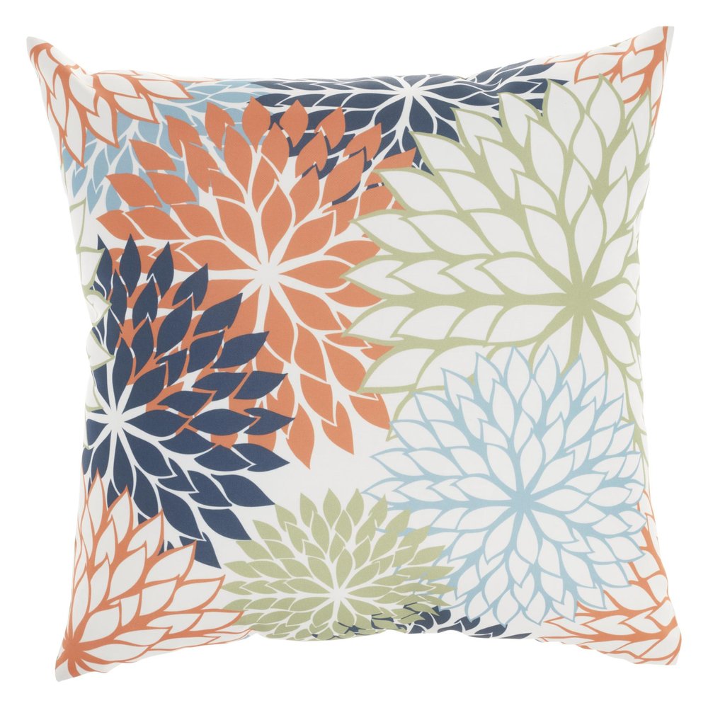 20" Orange Green and Blue Floral Indoor Outdoor Throw Pillow
