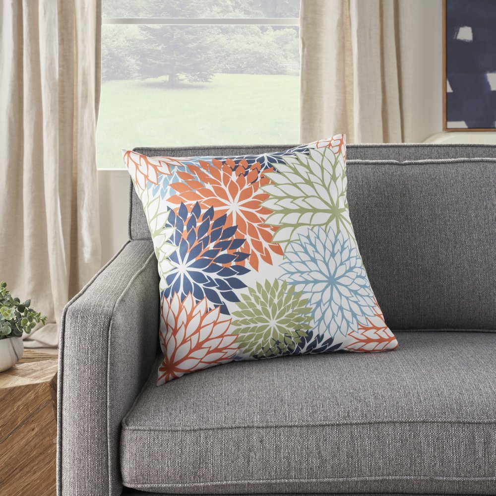 20" Orange Green and Blue Floral Indoor Outdoor Throw Pillow