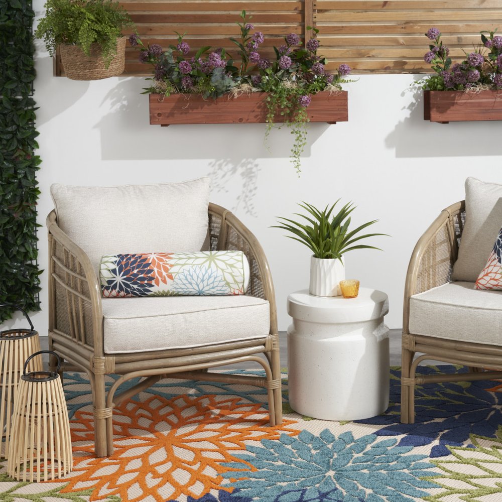 6" X 20" Orange Green and Blue Bolster Floral Indoor Outdoor Throw Pillow