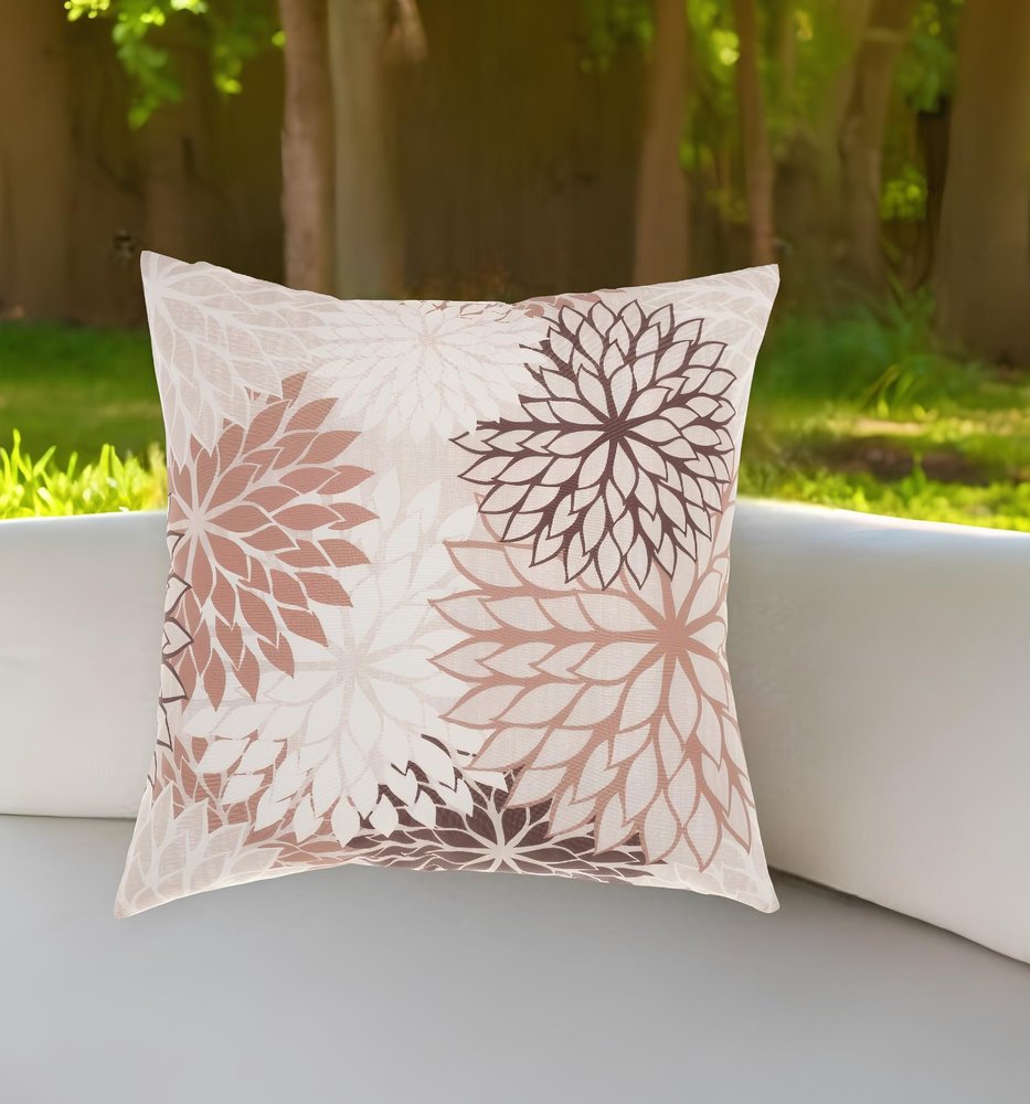 20" Brown Beige and Ivory Floral Indoor Outdoor Throw Pillow