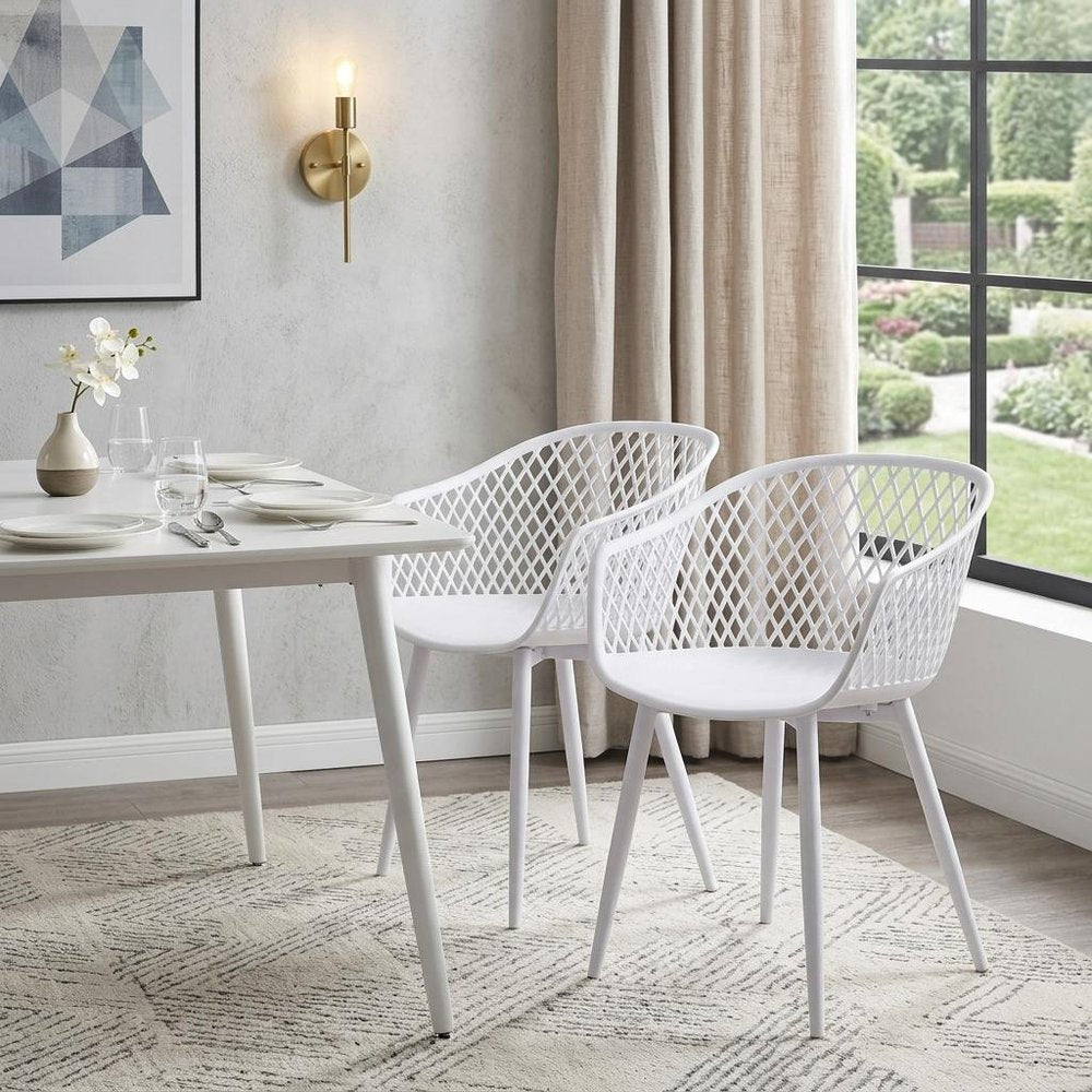 Set of Two White Heavy Duty Plastic Outdoor Stacking Dining Chairs