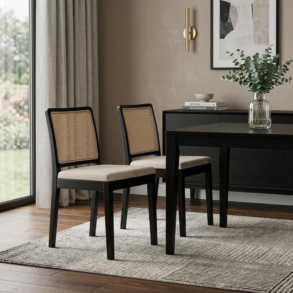 Set of Two Black Fabric Dining Side Chairs