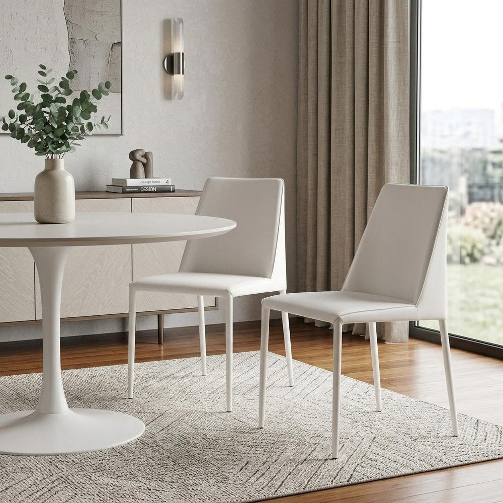 Set of Two White Faux Leather And Iron Dining Side Chairs