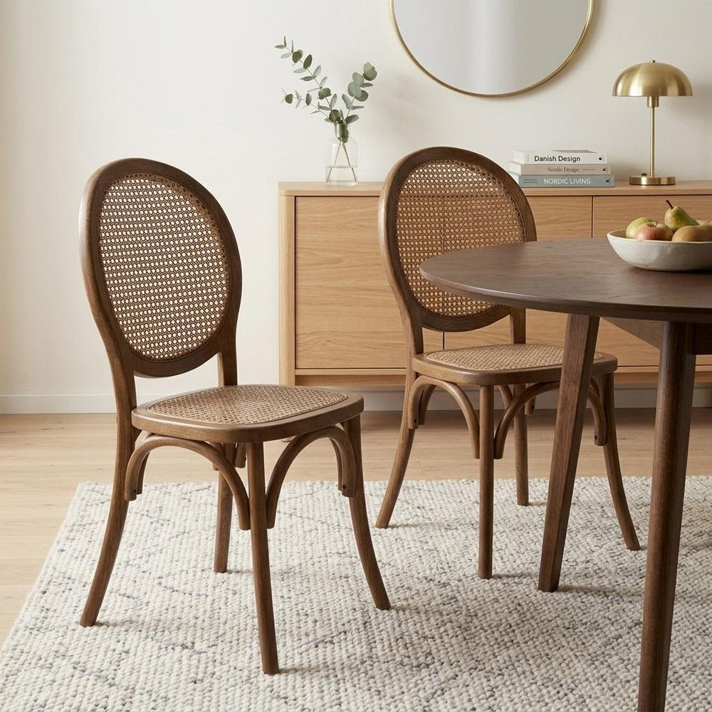 Set of Two Brown Solid Wood and Rattan King Louis Back Dining Arm Chairs