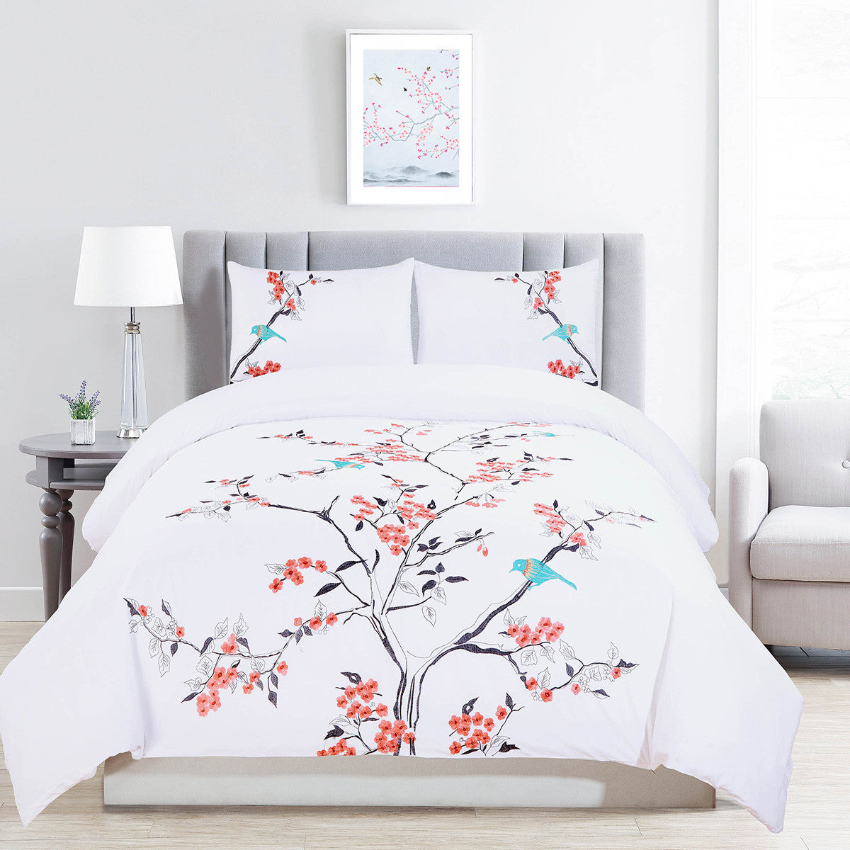 Coral and White Queen 100% Cotton 200 Thread Count Washable Duvet Cover Set