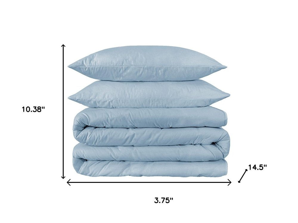 Light Blue Queen Cotton Washable Duvet Cover Set With Two Shams