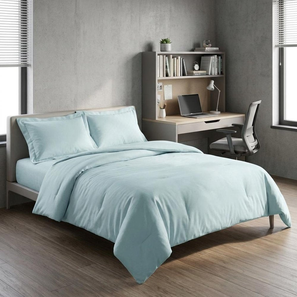 Light Blue Twin Cotton Washable Duvet Cover Set With Sham
