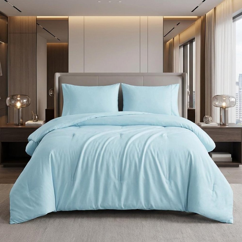 Light Blue King Cotton Blend Washable Duvet Cover Set