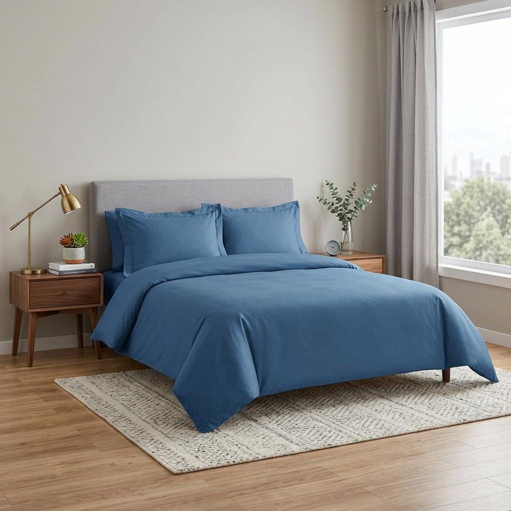 Blue Twin Cotton Washable Duvet Cover Set With Sham