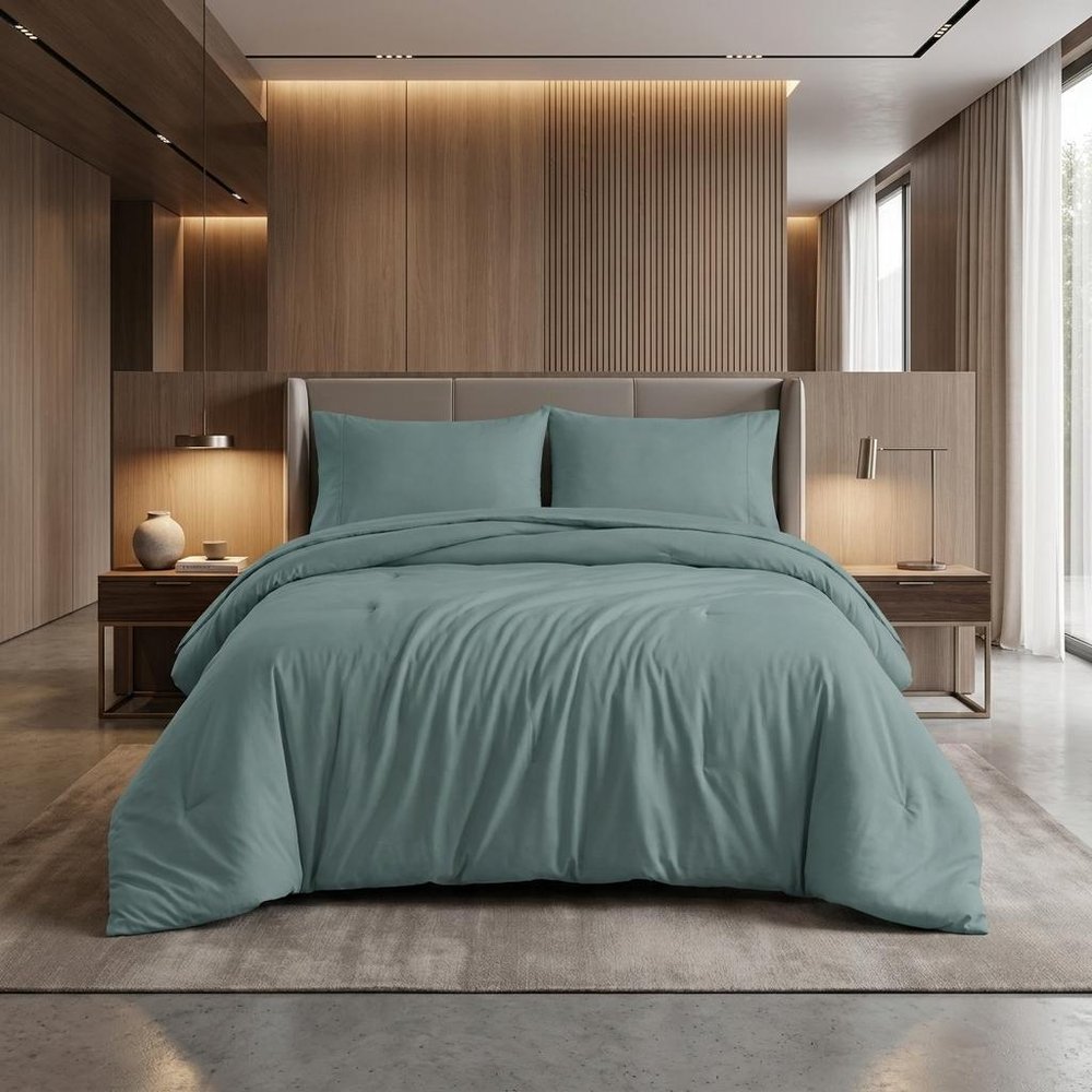Teal Blue Queen Cotton Washable Duvet Cover Set With Two Shams