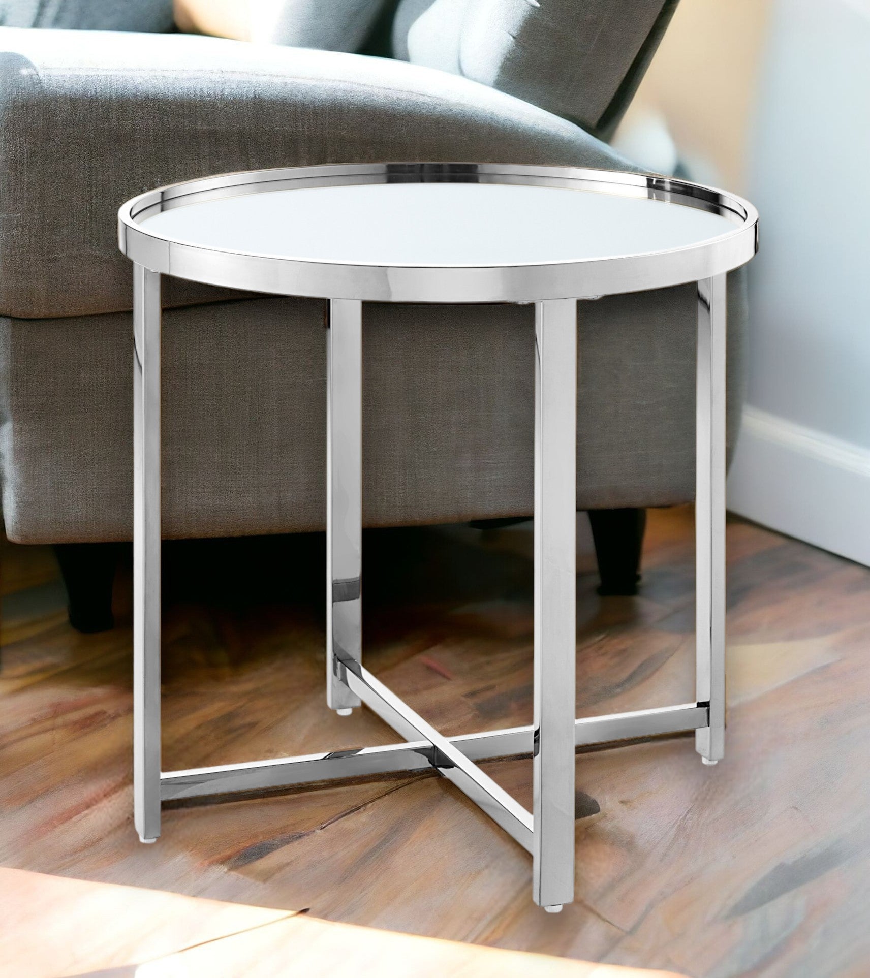 22" Silver Glass Round Mirrored End Table
