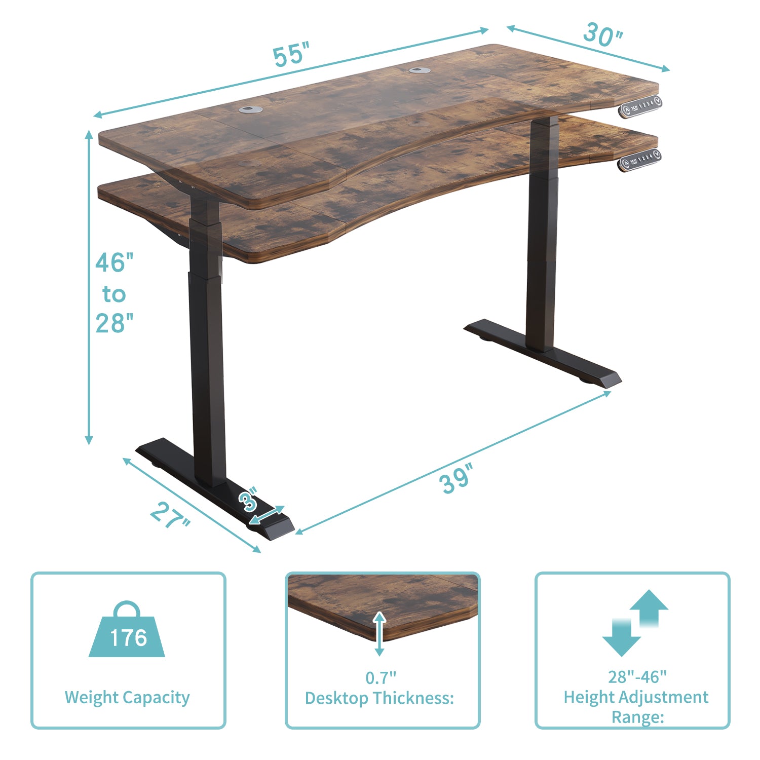 55" Adjustable Brown and Black and Black Computer Desk