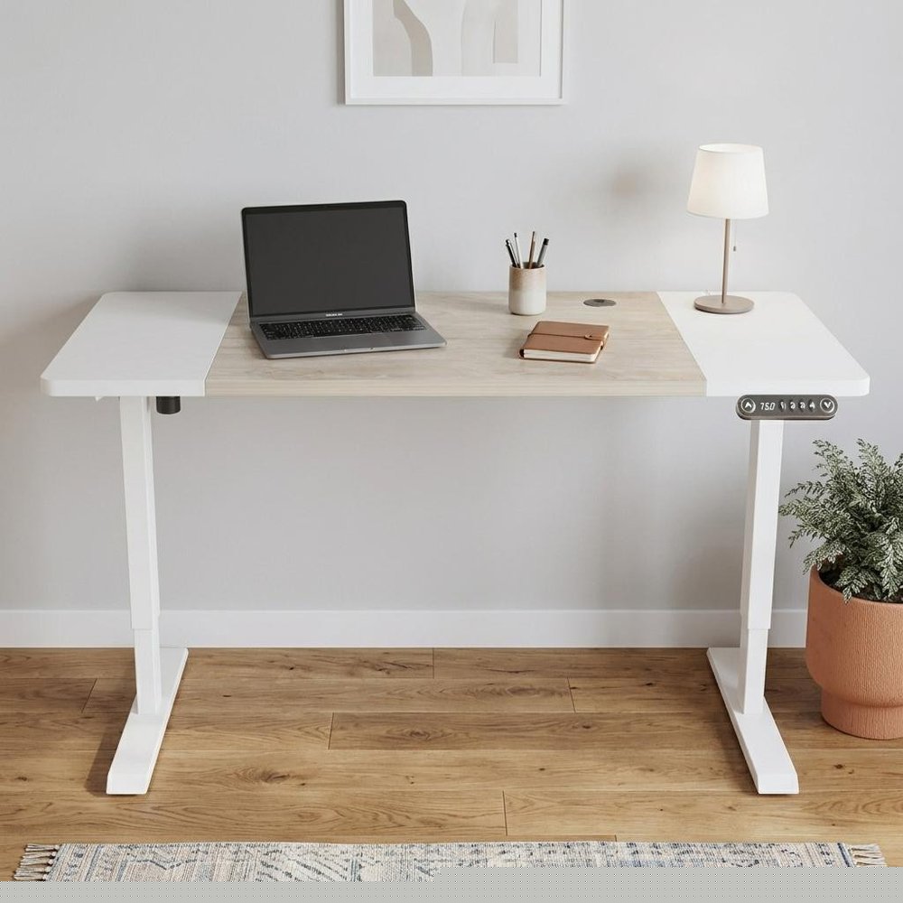 Adjustable Natural and White Wood and Stainless Steel Rolling Computer Desk