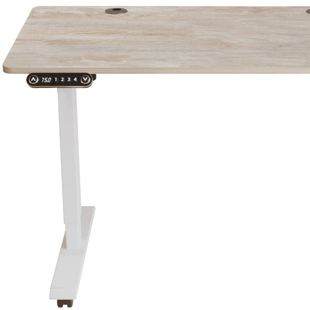 Adjustable Light Khaki and White Wood and Stainless Steel Rolling Computer Desk