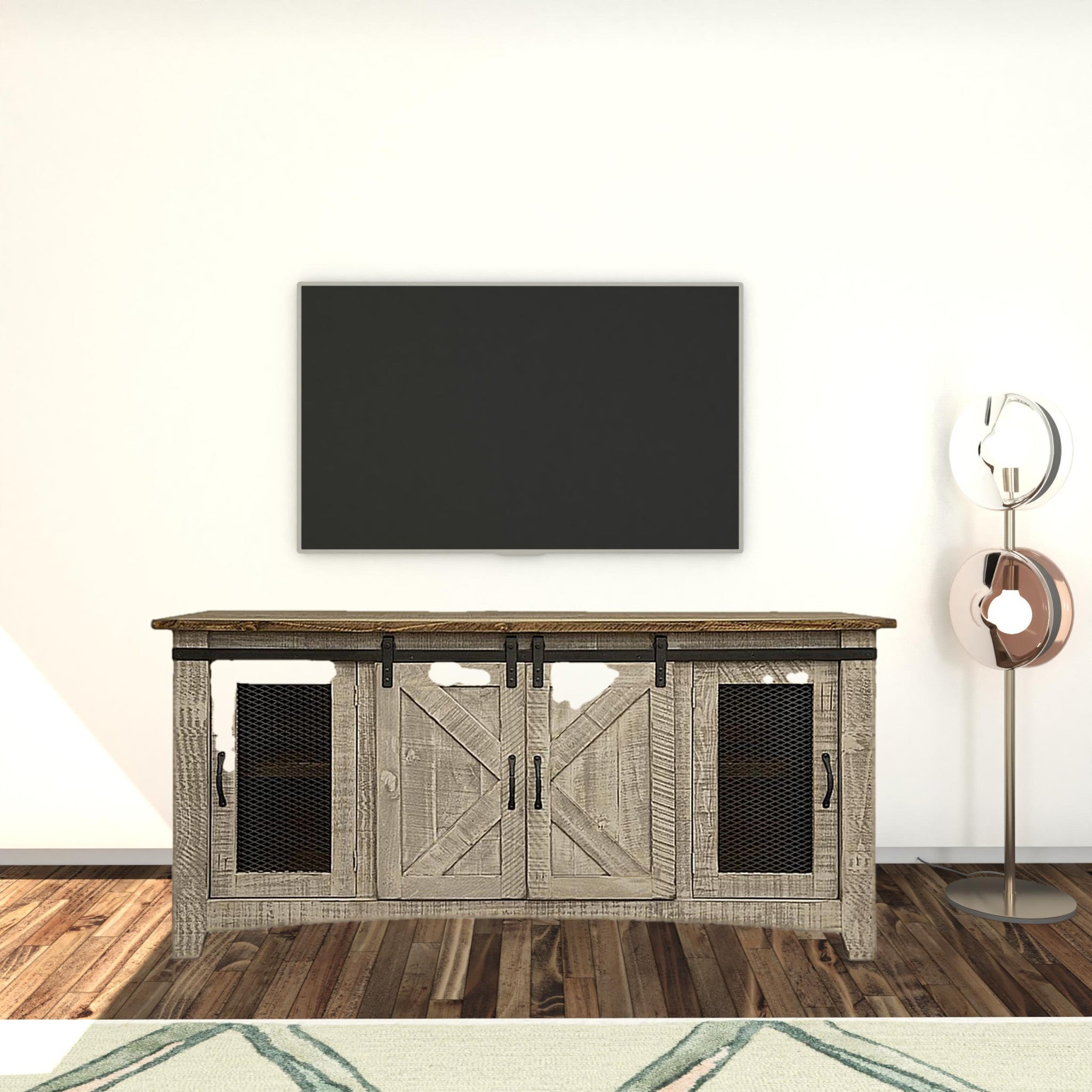 70" Gray Solid Wood Cabinet Enclosed Storage Distressed TV Stand