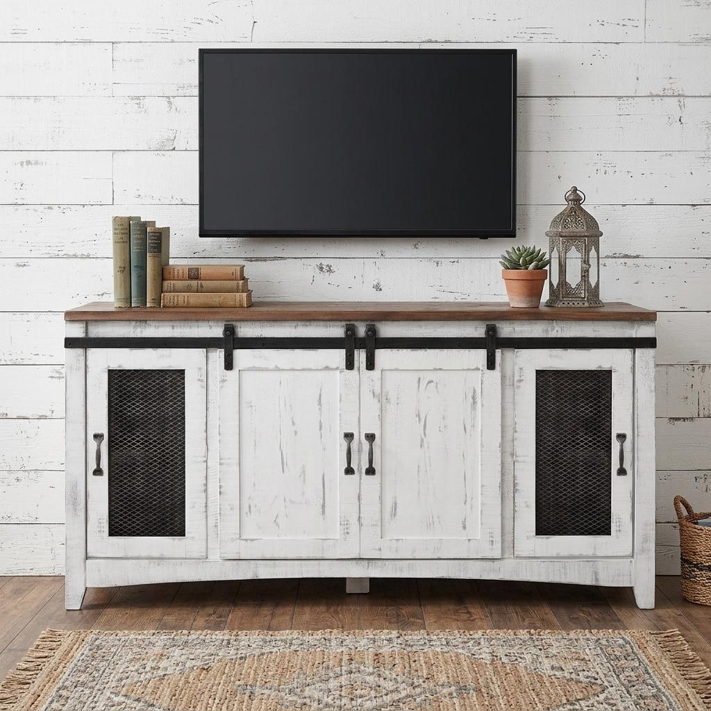 68" White Solid Wood Cabinet Enclosed Storage Distressed TV Stand