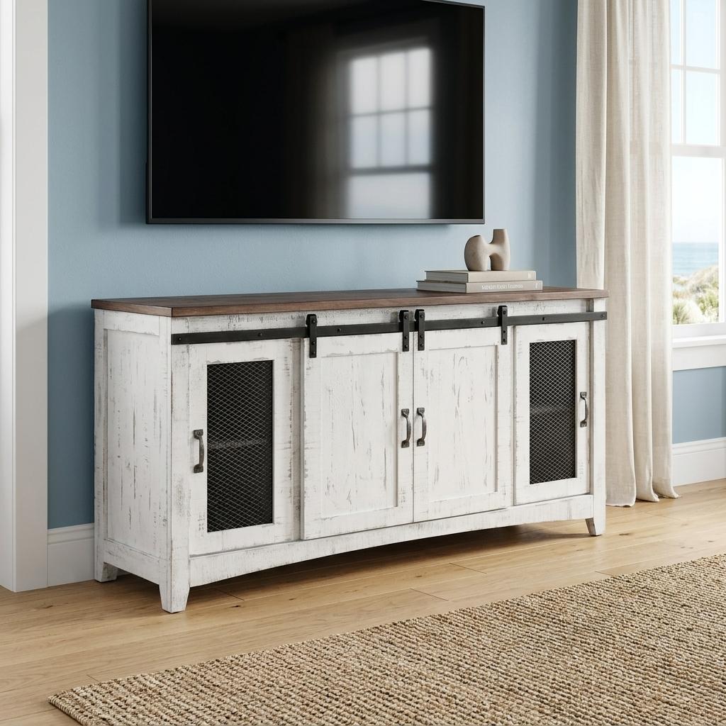 68" White Solid Wood Cabinet Enclosed Storage Distressed TV Stand