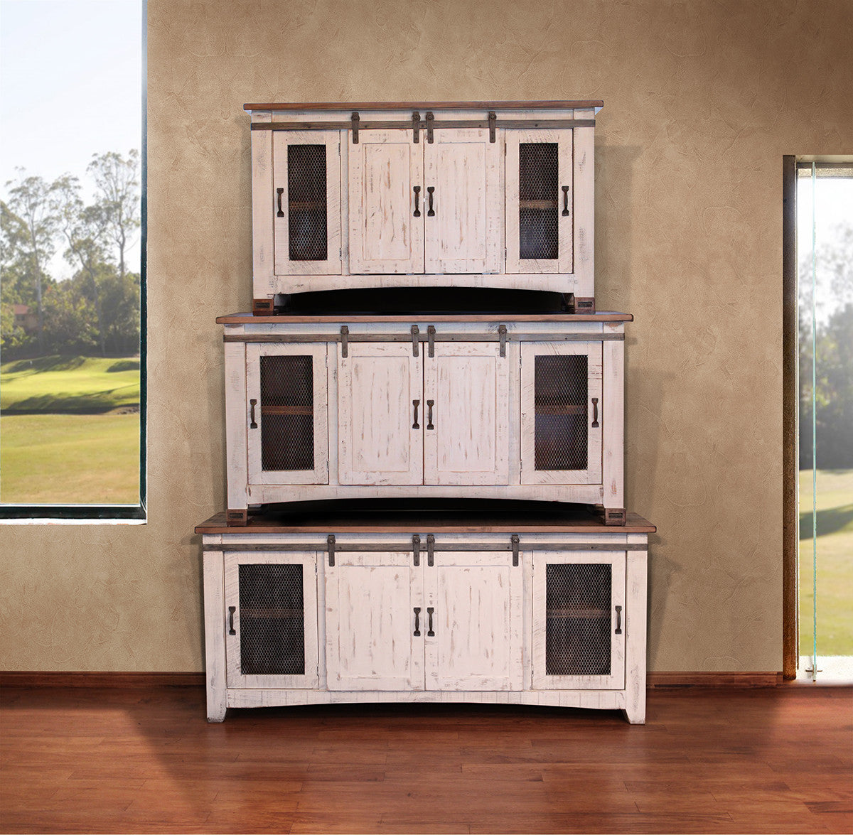 60" White Solid Wood Cabinet Enclosed Storage Distressed TV Stand
