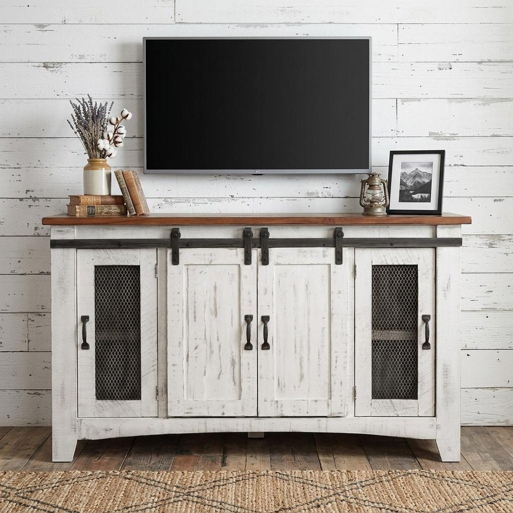 60" White Solid Wood Cabinet Enclosed Storage Distressed TV Stand