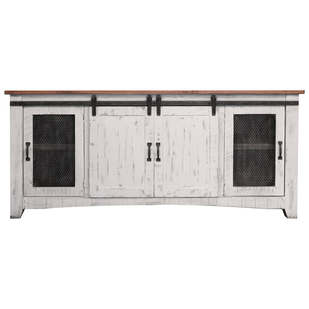 79" White Solid Wood Cabinet Enclosed Storage Distressed TV Stand