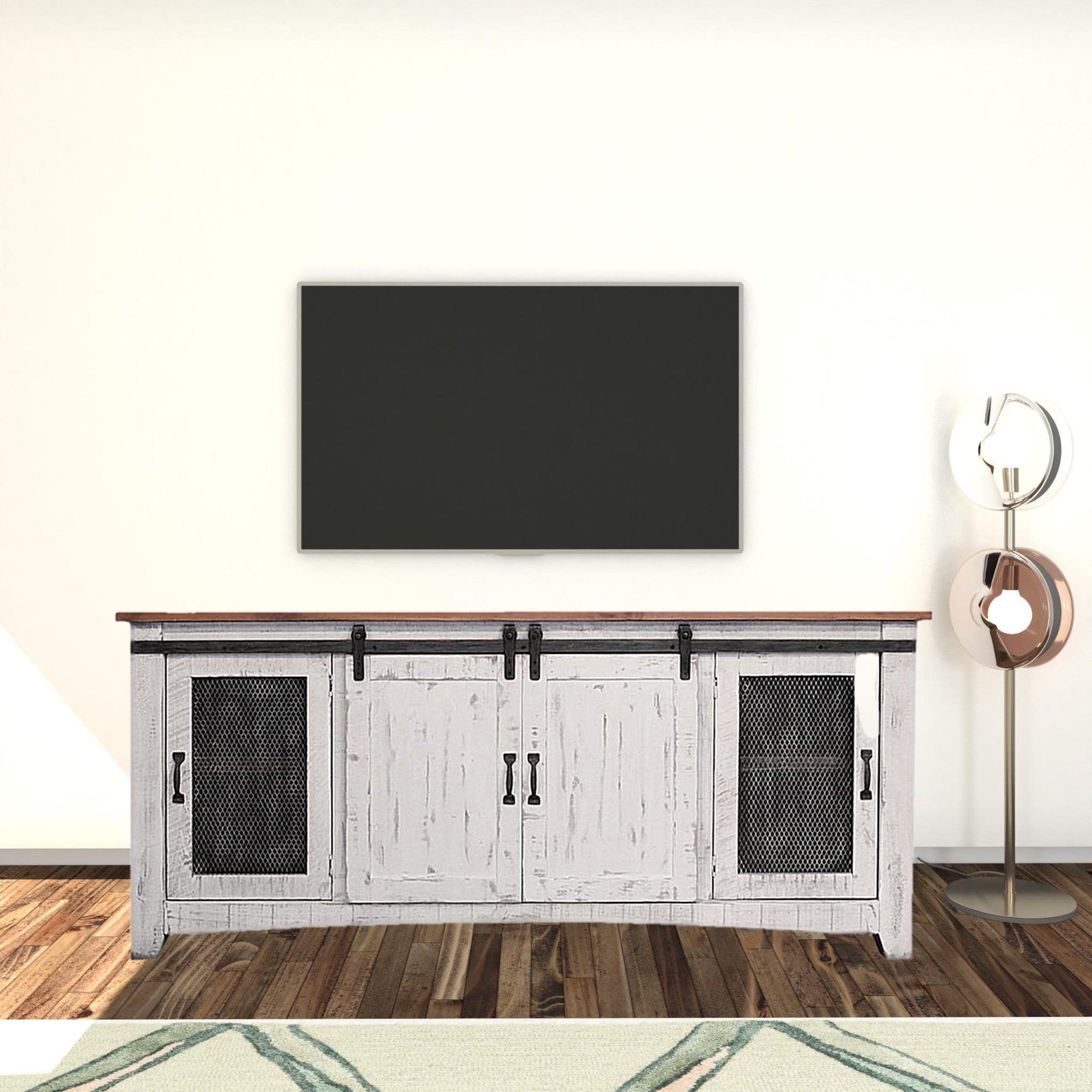 79" White Solid Wood Cabinet Enclosed Storage Distressed TV Stand