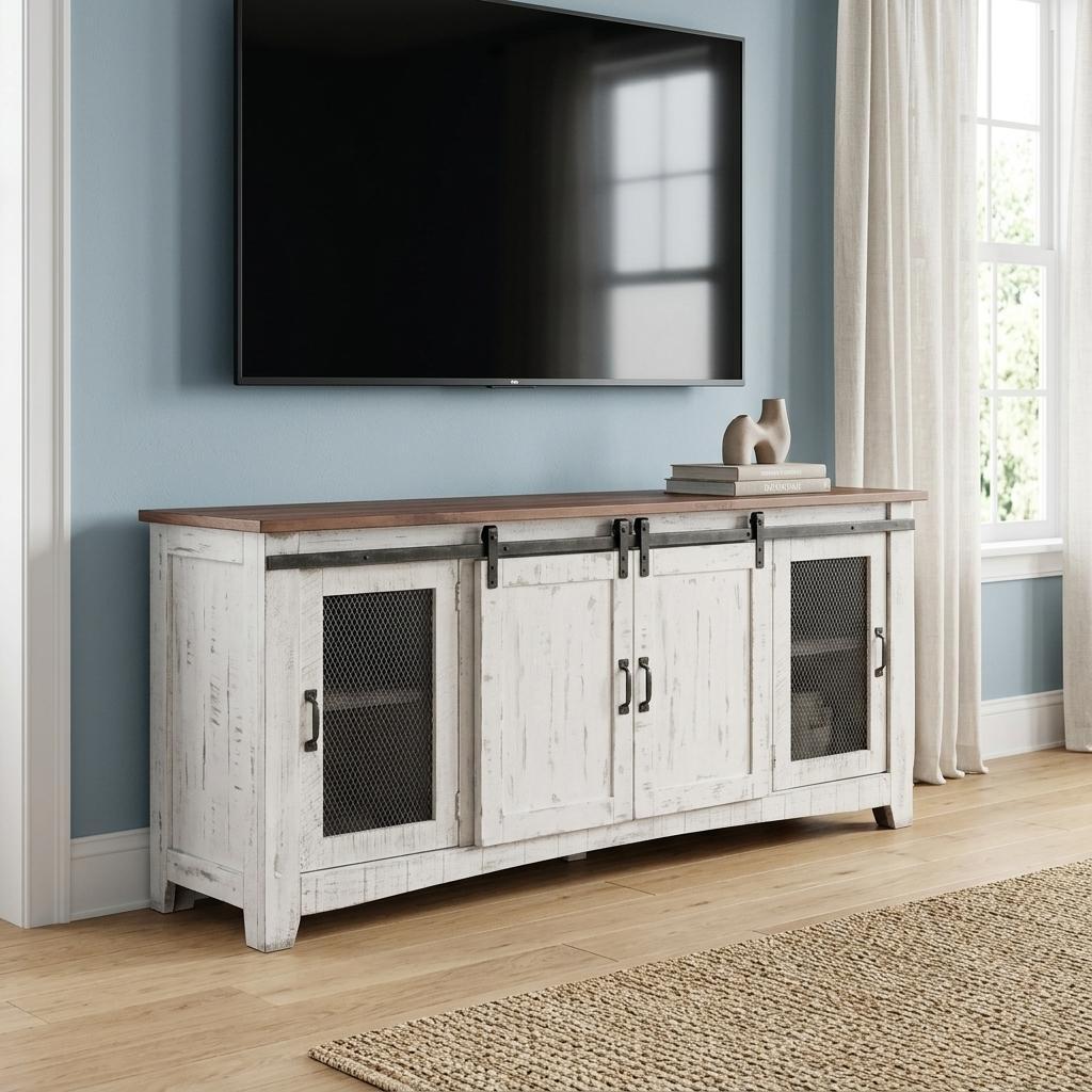79" White Solid Wood Cabinet Enclosed Storage Distressed TV Stand