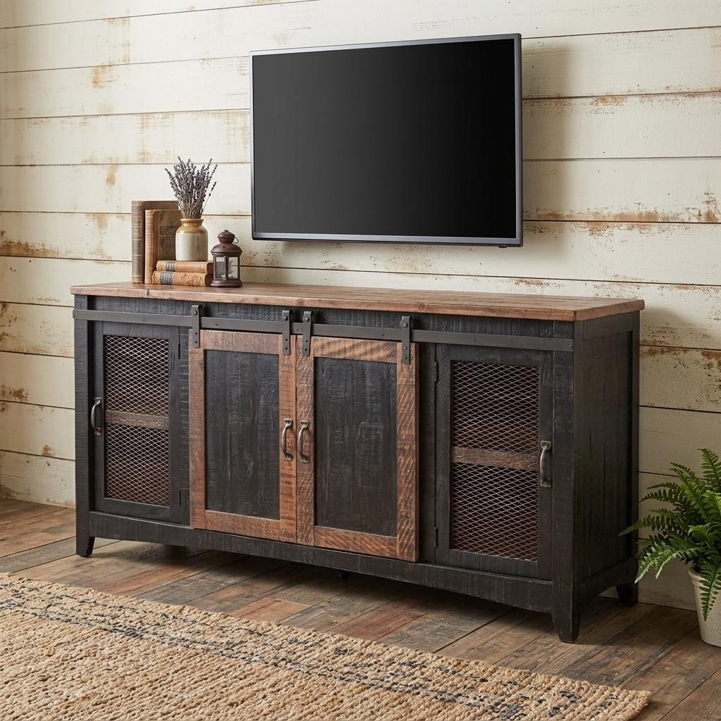 68" Black Solid Wood Cabinet Enclosed Storage Distressed TV Stand