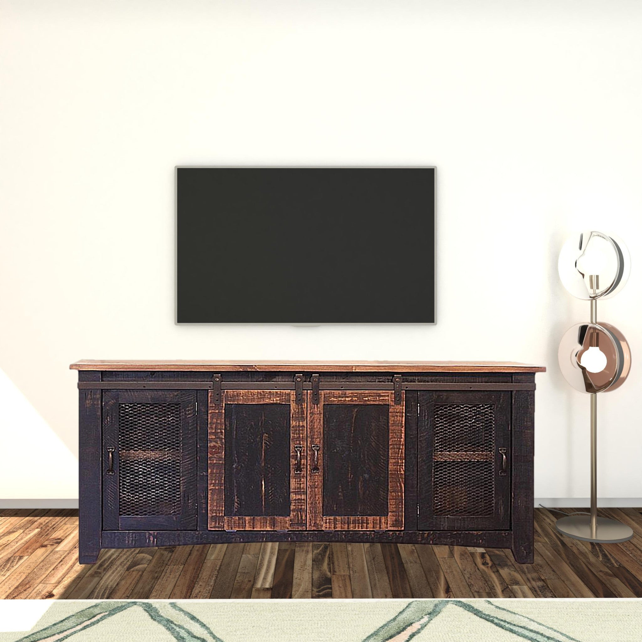 70" Black Solid Wood Cabinet Enclosed Storage Distressed TV Stand