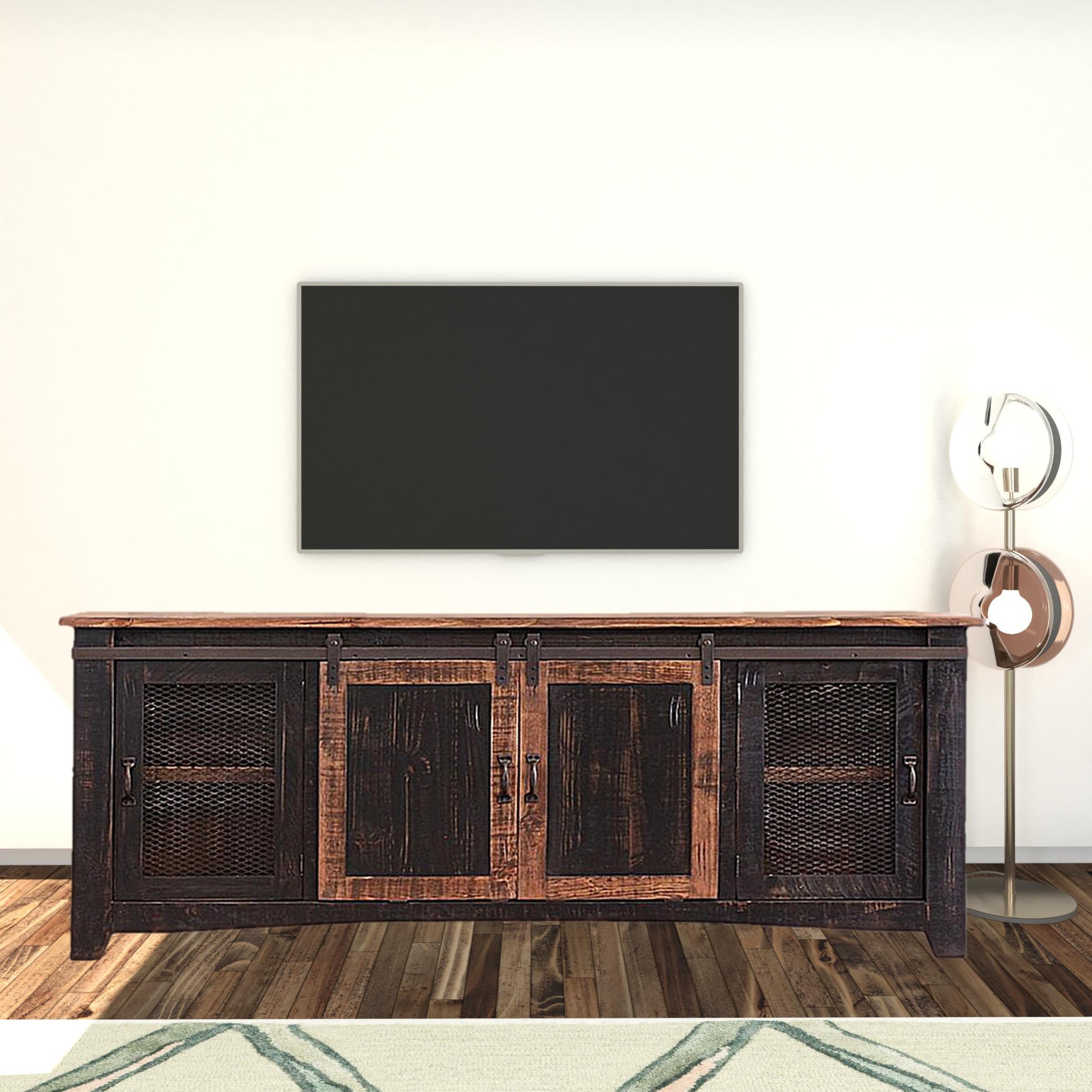 79" Black Solid Wood Cabinet Enclosed Storage Distressed TV Stand