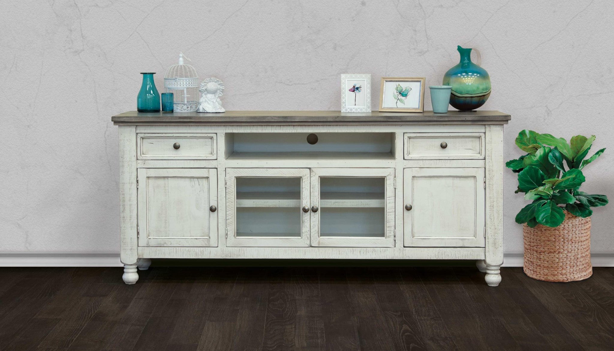 79" Ivory Solid Wood Open shelving Distressed TV Stand