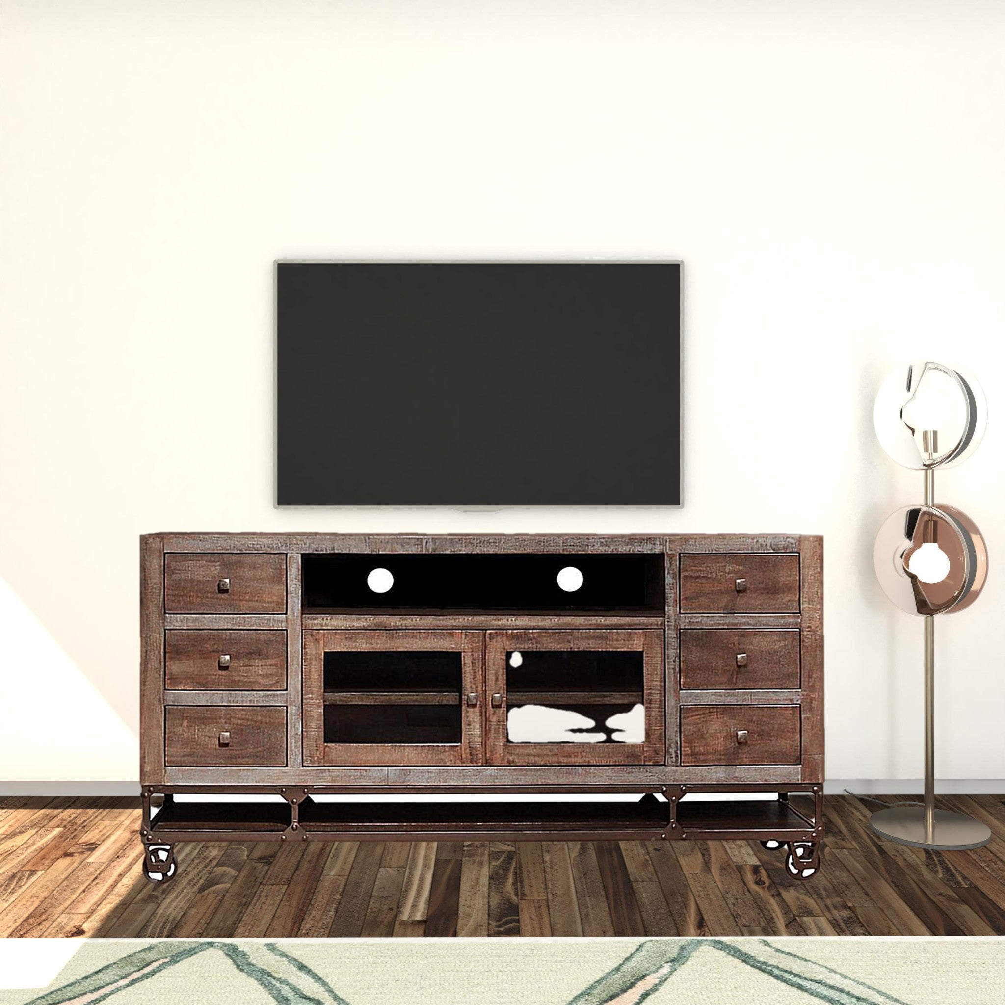 76" Brown Solid Wood Cabinet Enclosed Storage Distressed TV Stand