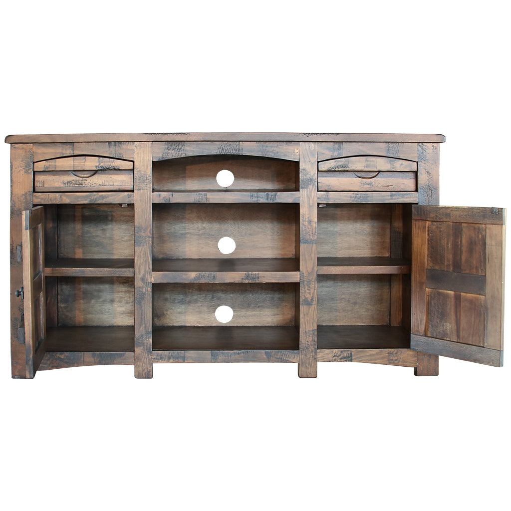 60" Brown Solid Wood Cabinet Enclosed Storage Distressed TV Stand