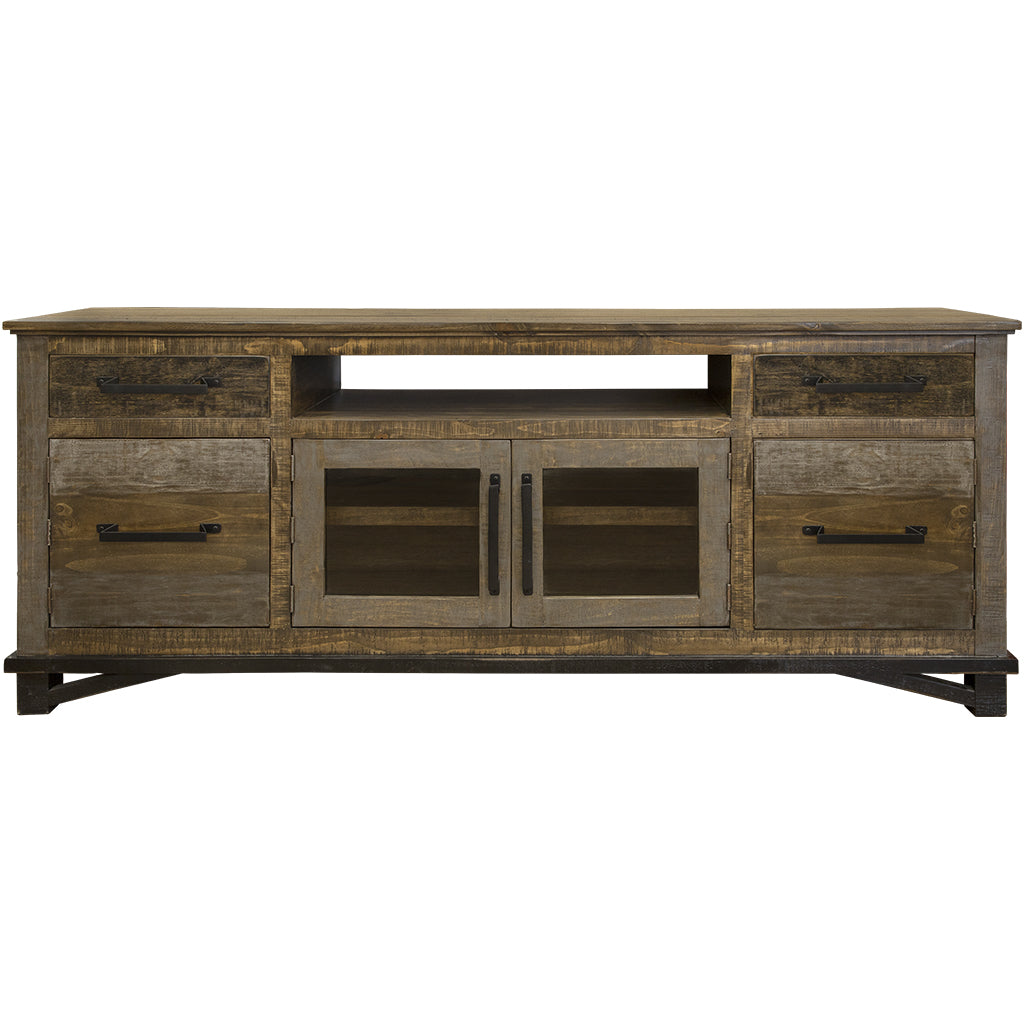 76" Brown Solid Wood Cabinet Enclosed Storage Distressed TV Stand