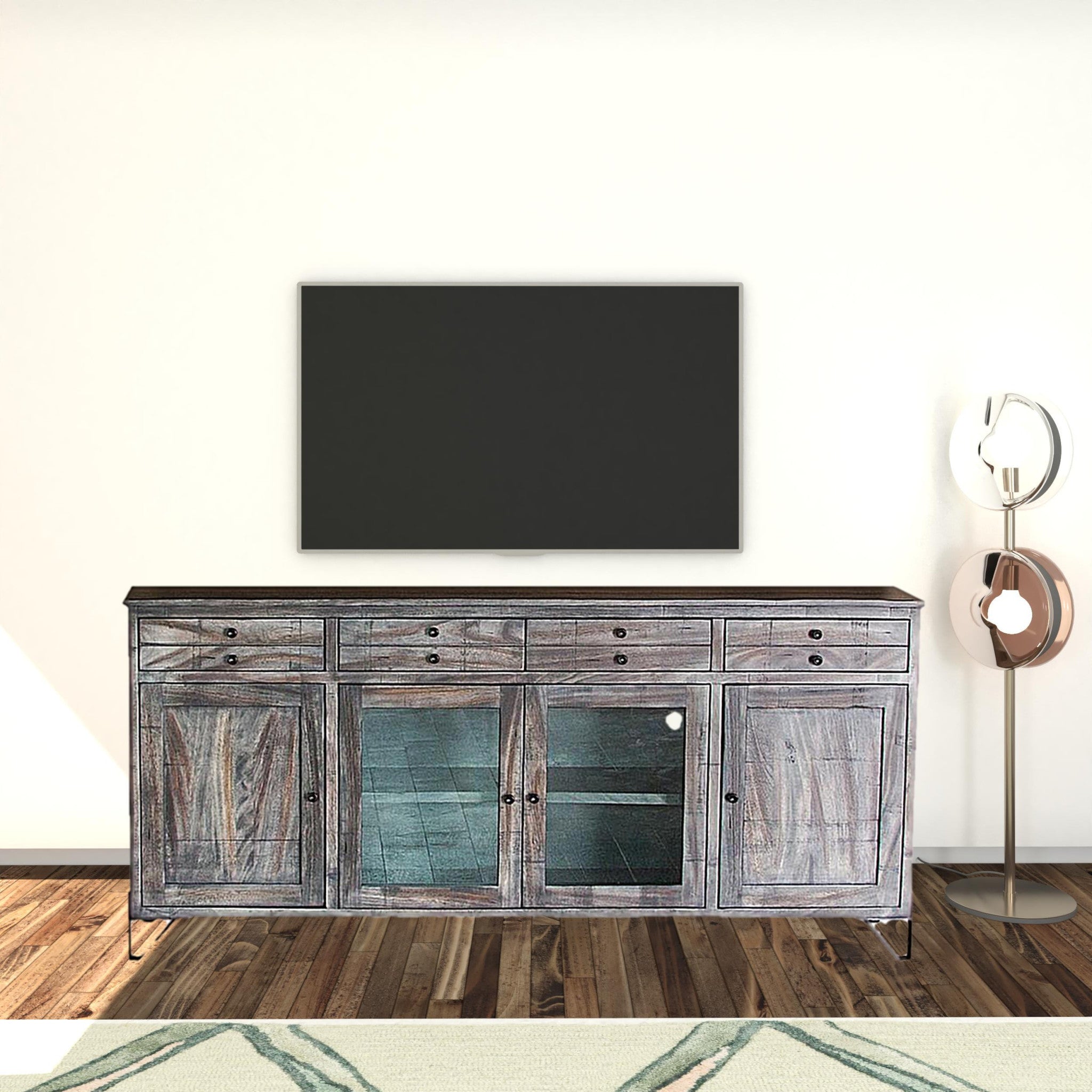 80" Gray Solid Wood Cabinet Enclosed Storage Distressed TV Stand