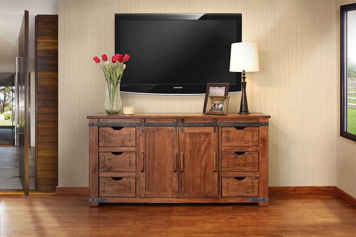 60" Brown Solid Wood Enclosed Storage Distressed TV Stand
