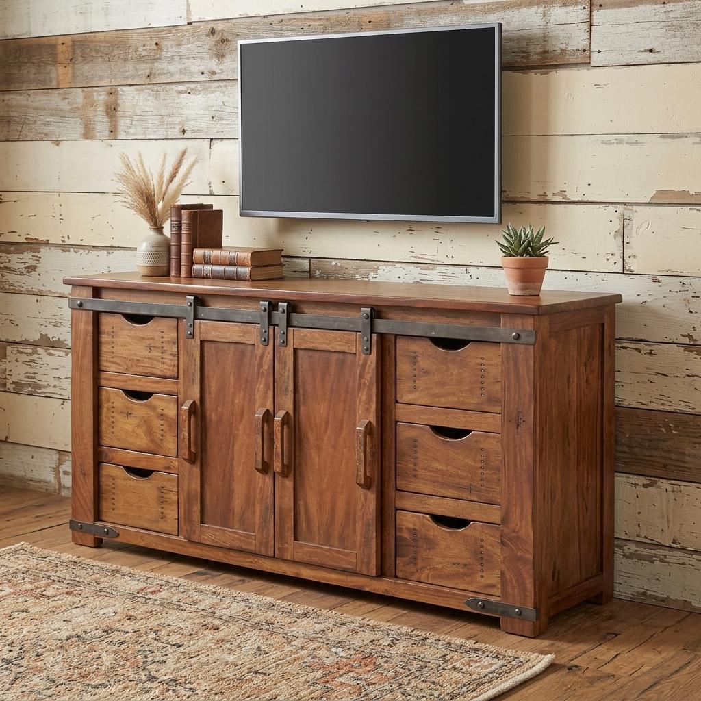 60" Brown Solid Wood Enclosed Storage Distressed TV Stand