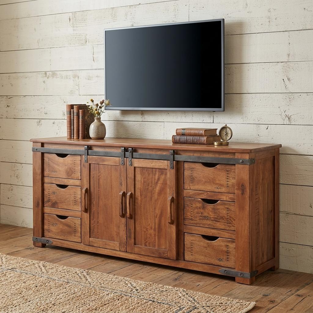 70" Brown Solid Wood Enclosed Storage Distressed TV Stand