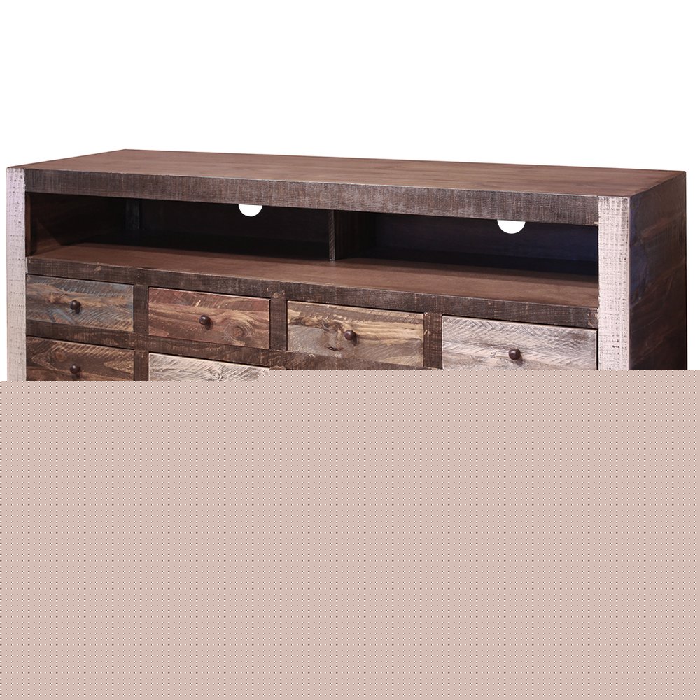 61" Brown Solid Wood Cabinet Enclosed Storage Distressed TV Stand