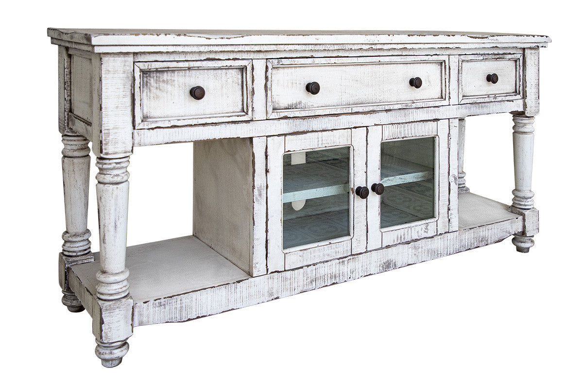 70" White Solid Wood Open shelving Distressed TV Stand