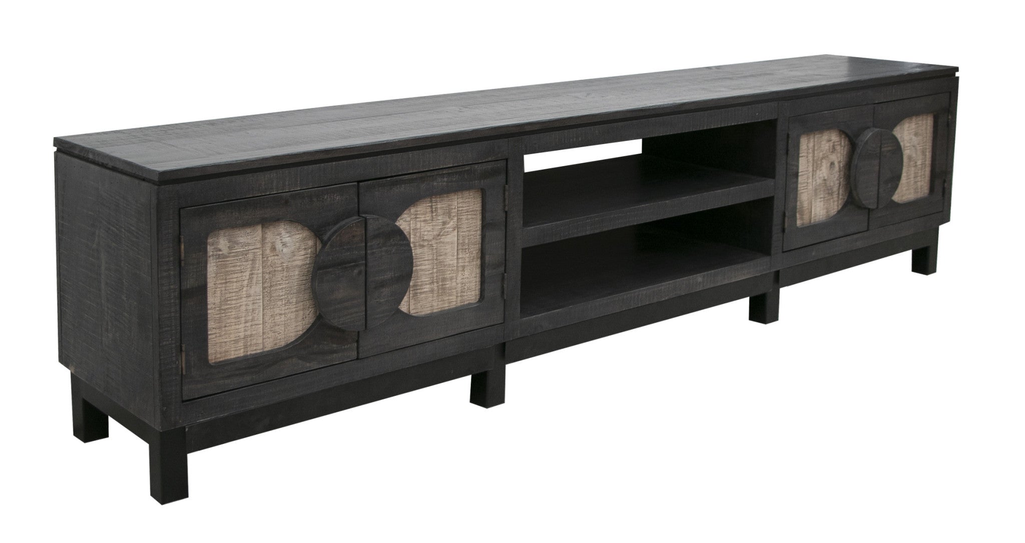 93" Black Solid Wood Cabinet Enclosed Storage Distressed TV Stand