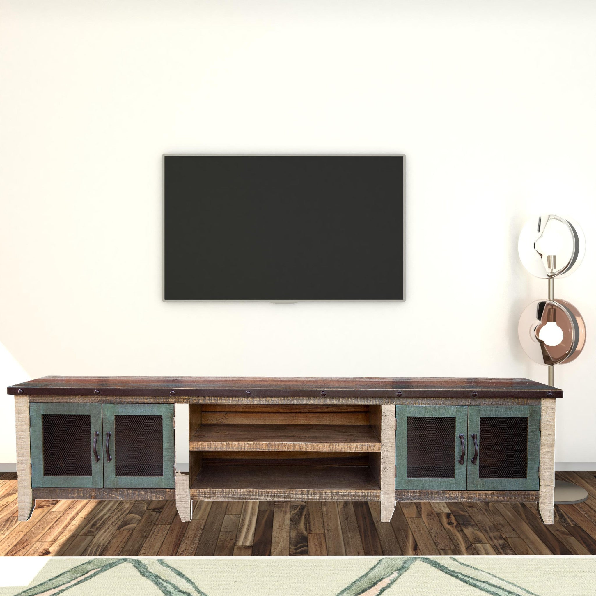 93" Brown Solid Wood Cabinet Enclosed Storage Distressed TV Stand