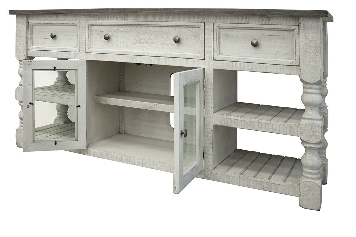 70" Ivory Solid Wood Open shelving Distressed TV Stand