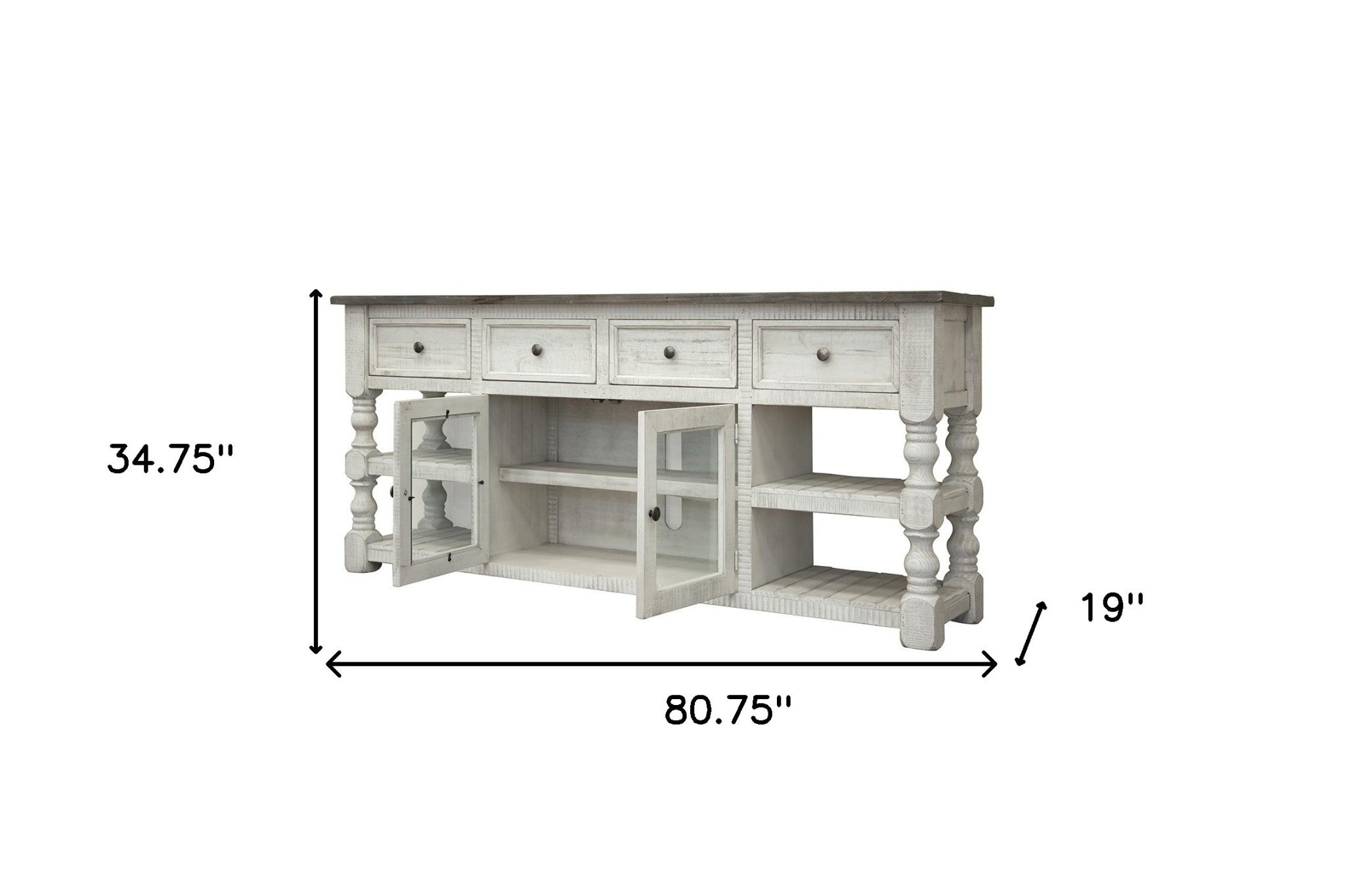 81" Ivory Solid Wood Open shelving Distressed TV Stand