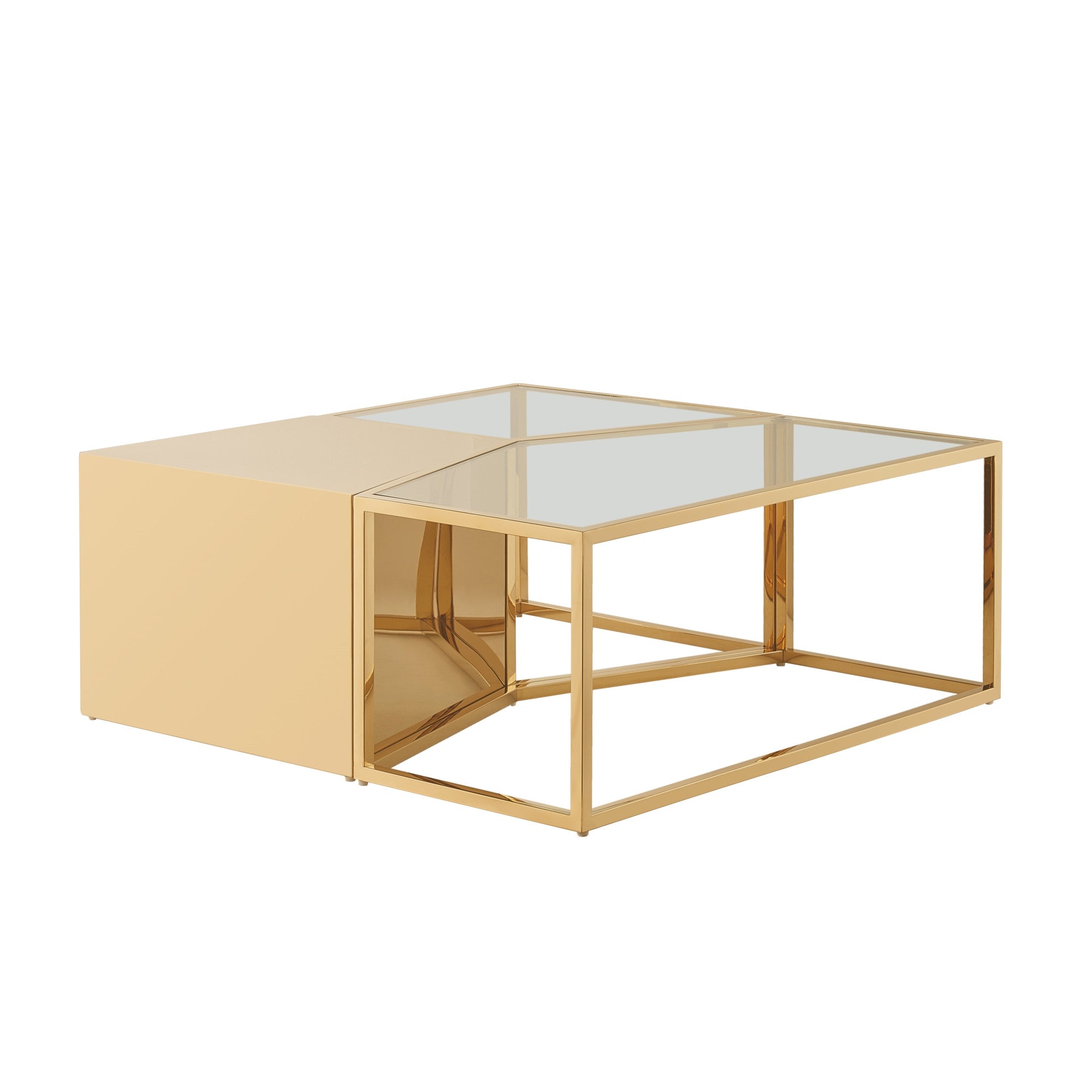 Set of Three 37" Clear And Gold Glass And Stainless Steel Mirrored Bunching Coffee Tables