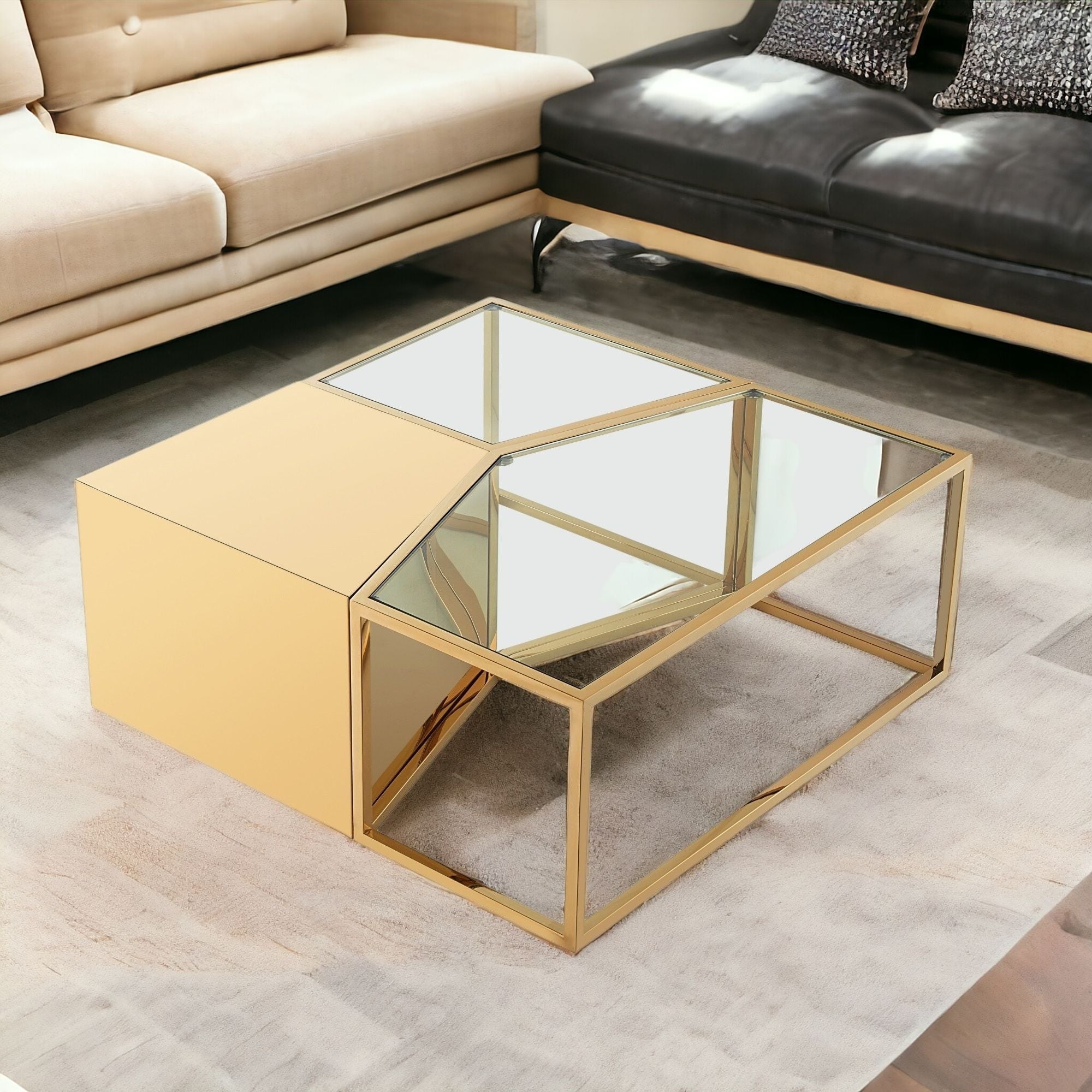 Set of Three 37" Clear And Gold Glass And Stainless Steel Mirrored Bunching Coffee Tables
