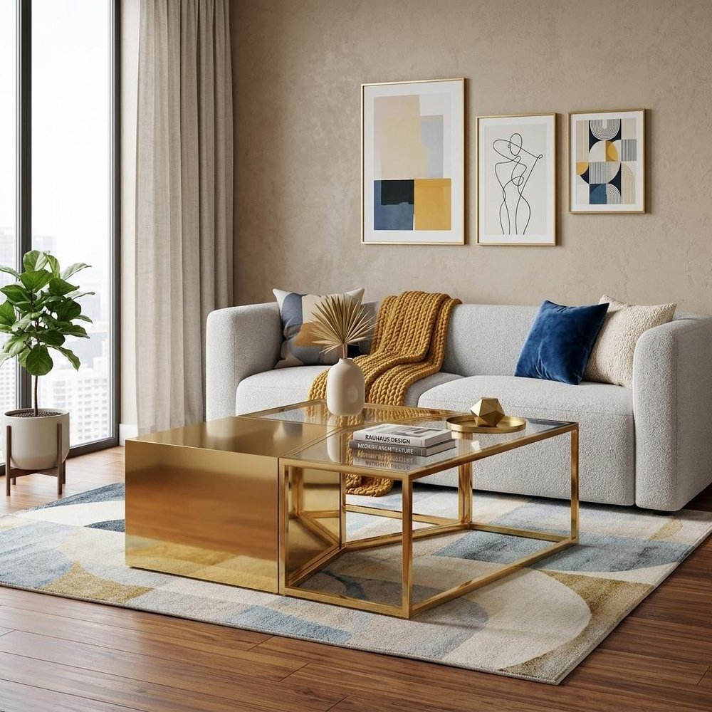 Set of Three 37" Clear And Gold Glass And Stainless Steel Square Mirrored Bunching Coffee Tables