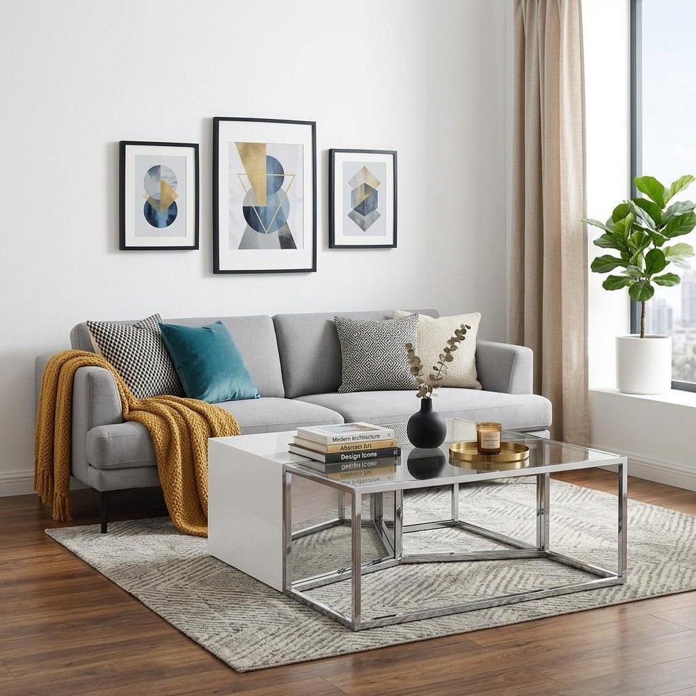 Set of Three 37" Clear And Gold Glass And Stainless Steel Square Mirrored Bunching Coffee Tables