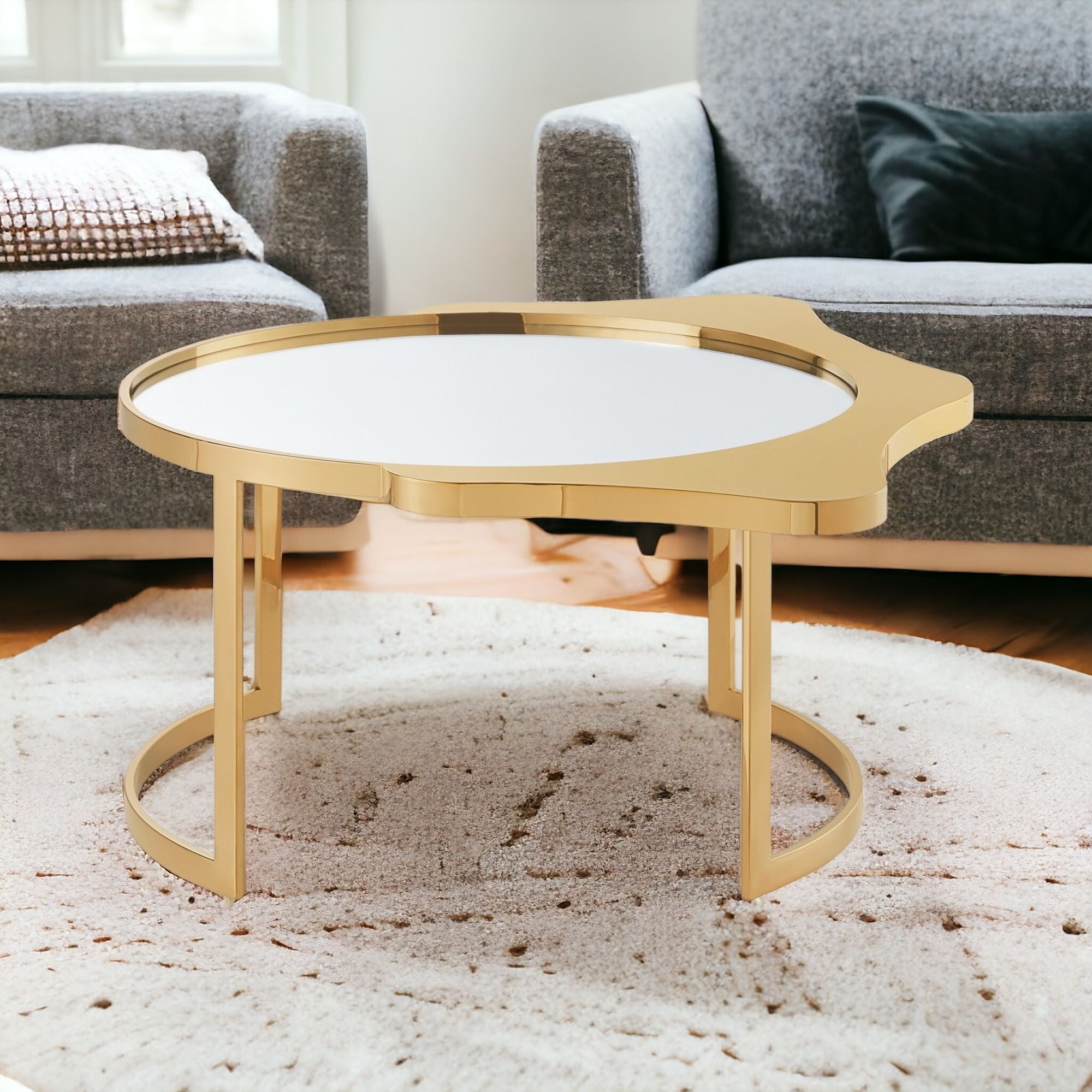 32" Gold Glass And Stainless Steel Round Mirrored Coffee Table