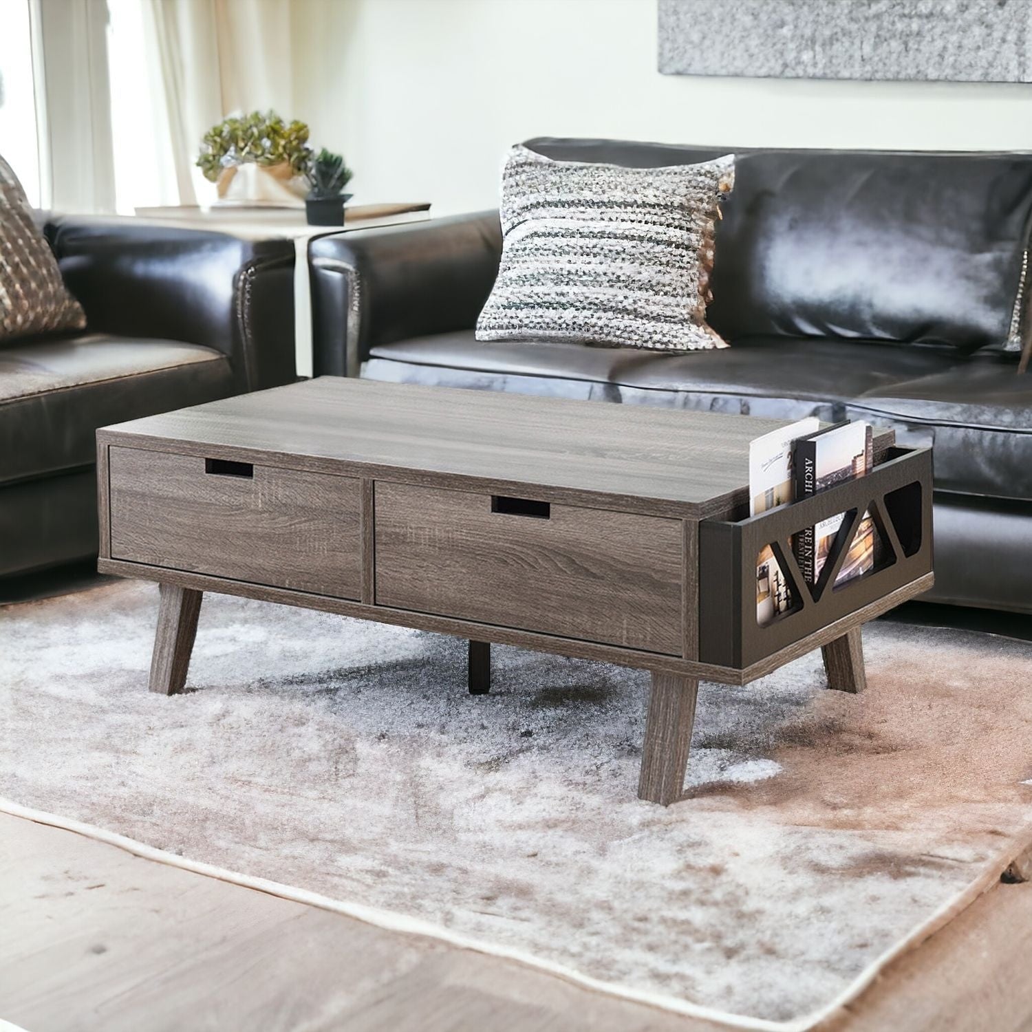 47" Gray Distressed Coffee Table With Two Drawers And Shelf